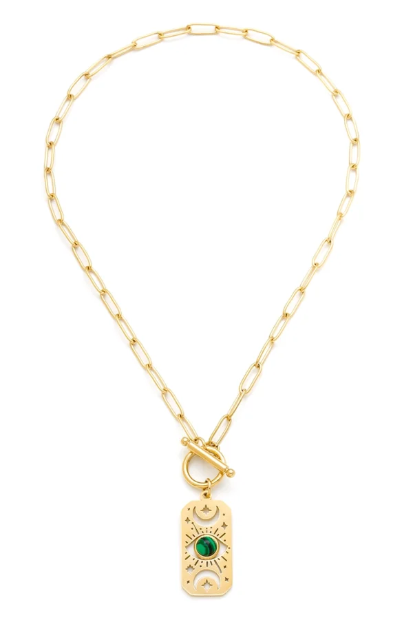 cd7dd793481bd6af08762d9a06f11590a3c1228d4d04f0ad9dc0669d1ed35833.jpeg Collier Lune & Œil Protecteur – Malachite & Acier Inoxydable Doré