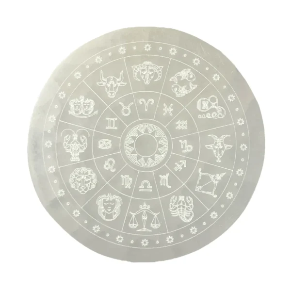 Plaque de rechargement en sélénite – Roue du Zodiaque | Purification et harmonie astrologique
